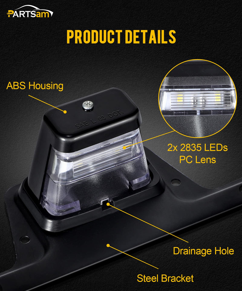 Partsam LED License Plate Light Waterproof 12V DC License Tag Light with Holder Drainage Hole Steel Bracket Mount ABS Housing PC Lens for Trailer Truck Pickup UTV ATV RV Boat 12V DOT Compliant Black