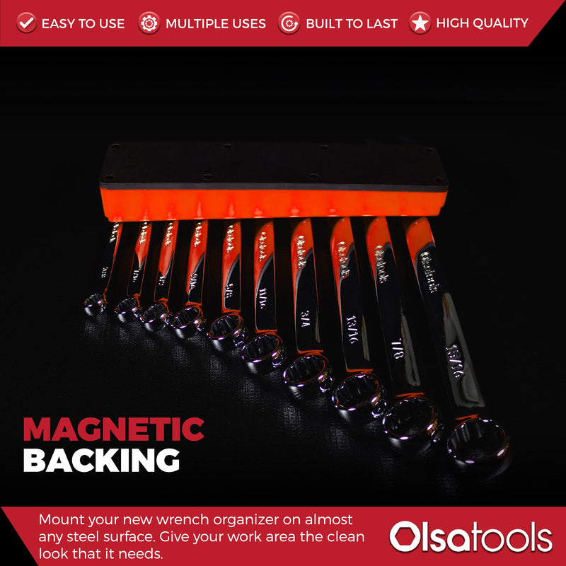 Olsa Tools Magnetic Wrench Holder Organizer - Orange - Fits SAE 3/8" to 15/16" & Metric 10mm to 19mm - Durable Tool Storage Solution - Part 1559