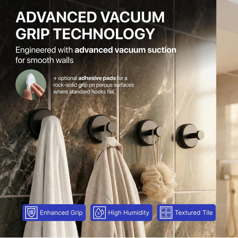 HOME SO Suction Cup Hooks for Shower & Bathroom Towel Holder 4-Pack – Suction Cups Hooks for Hanging Towels, Robes, & Coats - Tiles, Glass Door or Mirror – Shower Hooks & Towel Hooks Organizer - Black Matte Black 4 Pack