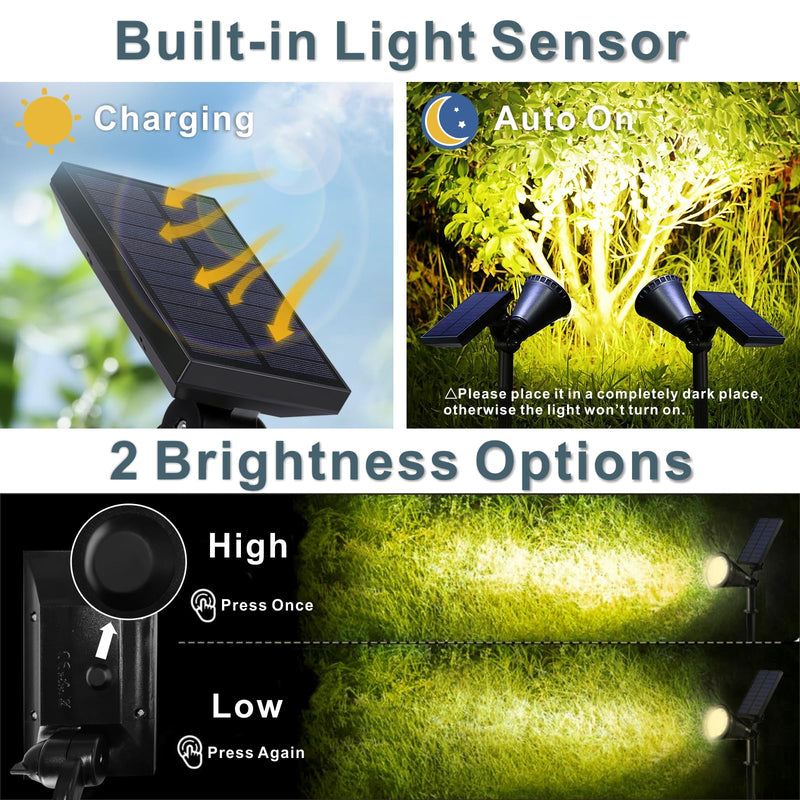 Solar Spotlights Outdoor, Bright 7-LED Spot Lights, Landscape Dusk-to-Dawn Waterproof Flag Pole Lights, 2-in-1 Adjustable Solar Powered Ground Lighting for Garden, Pathway, Halloween (2 Packs, Yellow)