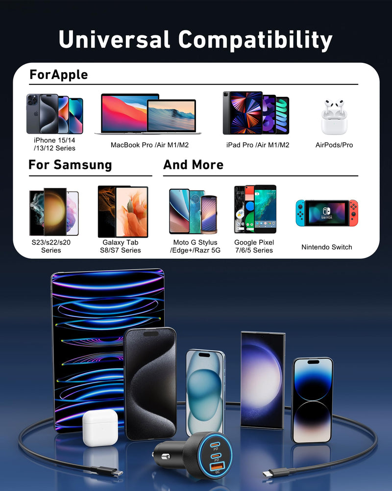 USB C Car Charger, 3-Port 67W Dual USB-C & USB-A Car Power Adapter PD/QC Fast Charging Cigarette Lighter for iPhone 15/14/13/12/11/Pro Max, iPad, Samsung Galaxy S24/S23/S22/S21, Google Pixel, Android