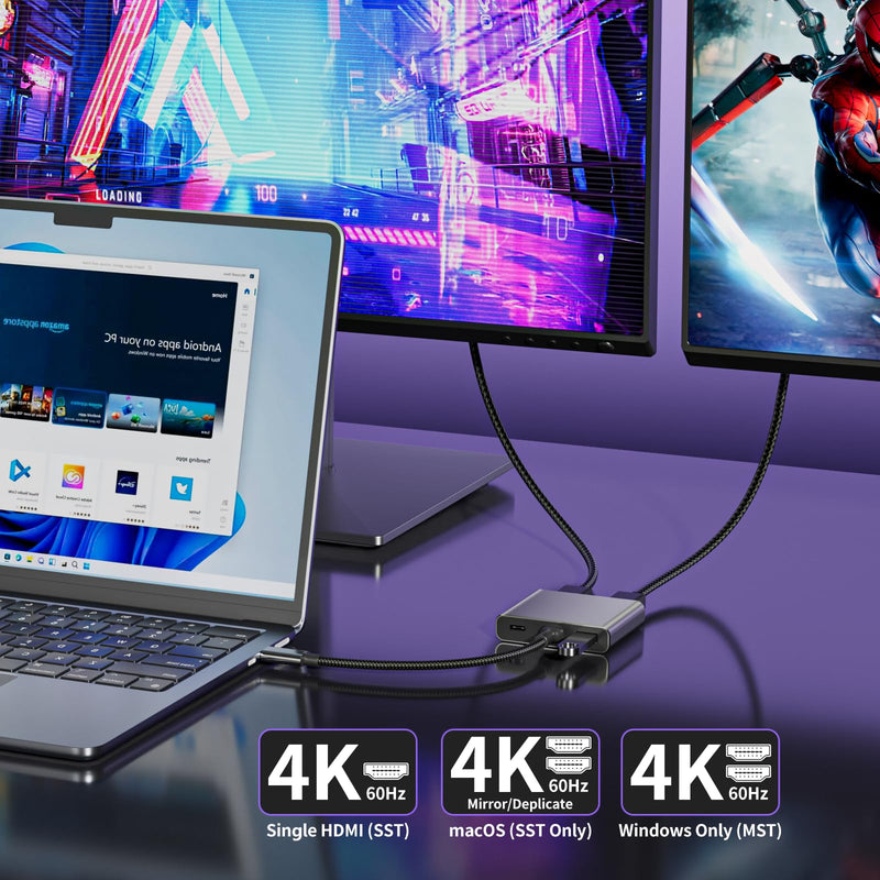 USB C to Dual HDMI Adapter | 4K@60Hz HDMI Splitter Extended Display for Dual Monitors, Multi-Monitor Adapter with USB and 100W PD, Windows Allows 3 Separate Screens, macOS Only Allows Mirror Mode