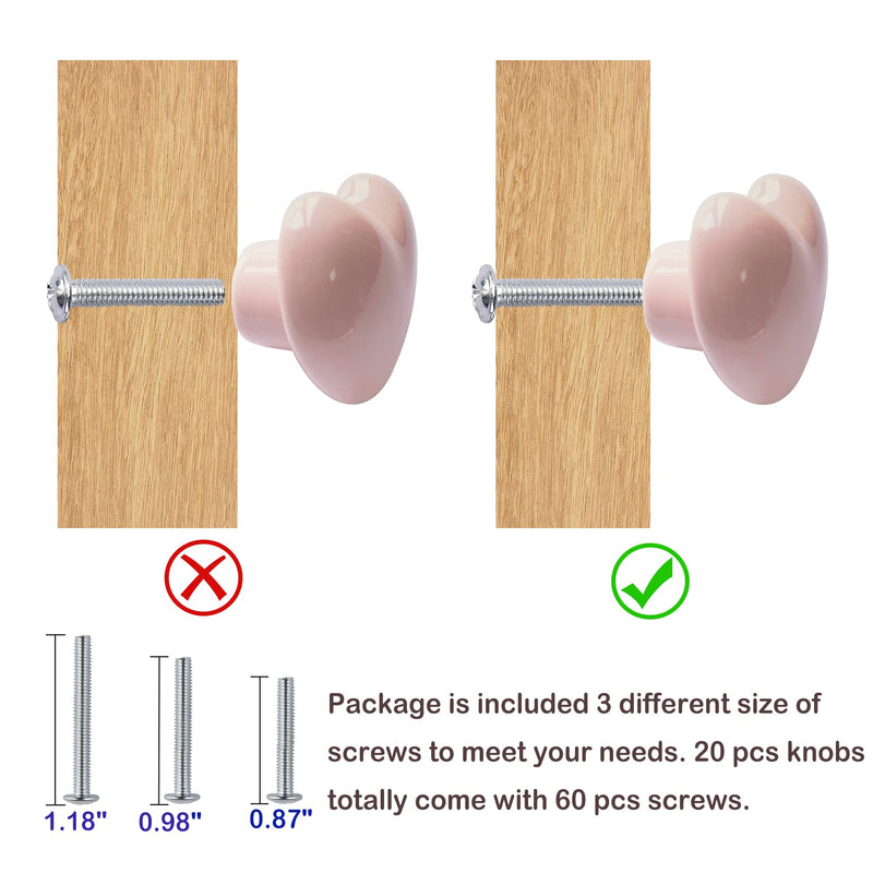 Ceramic Drawer Knobs Heart Shape Cabinet Dresser Pulls Handles with 3 Sized Screws, Kitchen Furniture Knobs for Closet Cupboard Wardrobe (20 Pack, Power Pink) 20 Pack Powder Pink