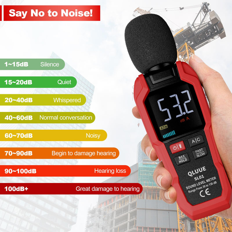 QLUUE Sound Level Meter Digital Portable Decibel Meter 30dB to 130dB A/C Weighted LCD Display Can be used at home, factory and street
