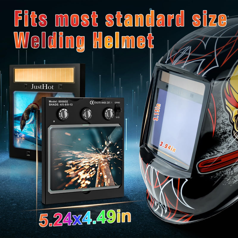 Welding Helmet Lens Auto Darkening True Color 4.49x5.24in Large Viewing Welding Lens with 4 Arc Sensor Adjustable Shade Range 4/5-9/9-13 Welding Hood Lens JH-8000EE