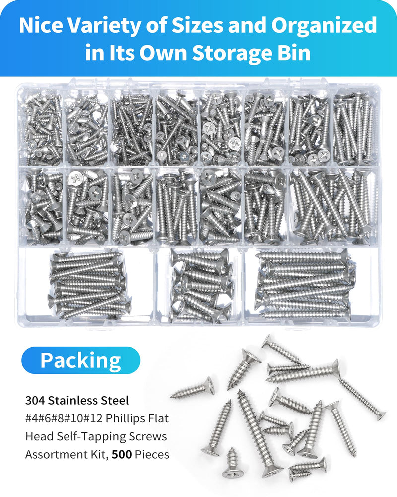 500Pcs 304 Stainless Steel Wood Screws Assortment Kit,#4#6#8#10#12 Assorted Screws,Phillips Drive Flat Head Sheet Metal Screw Self Tapping Screws Set, Length 3/8" to 2" (Silver-Flat Head 500PCS) Silver-Flat Head 500PCS