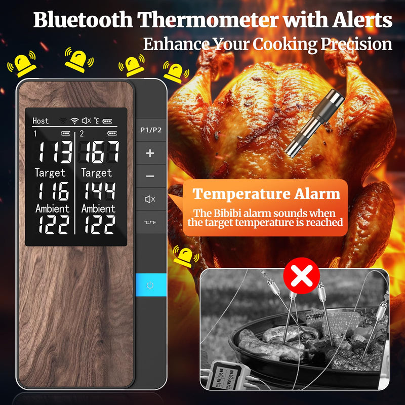 Wireless Meat Thermometer-Multi Sensors Digital Food Thermometer with Ultra-Thin Probes, Accuracy Smart Bluetooth Meat Thermometer for Steak, BBQ, Oven, Grill, Smoker,Recipes in App & Host 2 Probes