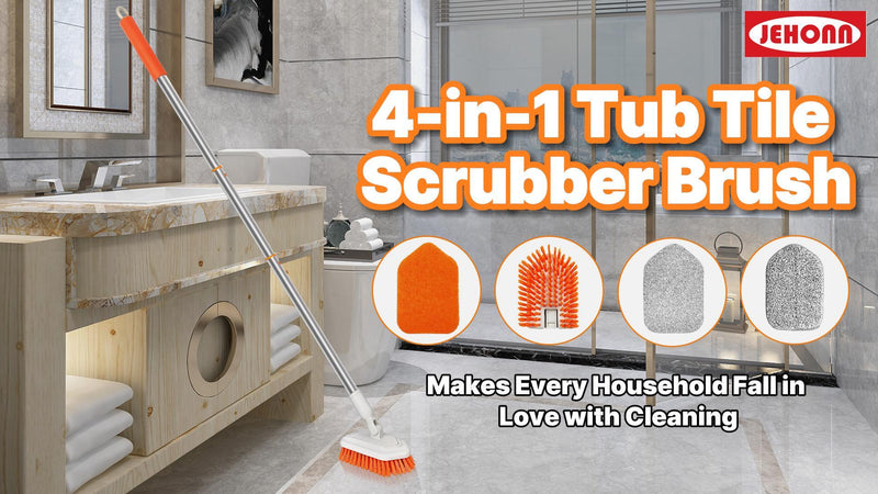 JEHONN 4-in-1 Bathroom Tile Tub Scrubber with Long Handle, Upgraded Shower Cleaning Brush, 4 Different Function Scrub Brush Attachments Head for Bath, Bathtub, Floor, Wall, Baseboard Tub & Tile Scrubber (4-in-1)