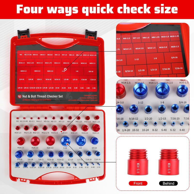 48PCS Thread Checker, Nut and Bolt Thread Checker, Individually Assembled Bolt and Nut Identifier Gauge 23 Inch and 25 Metric, Bolt Size and Thread Gauge with Case, Red & Blue 48pcs Red & Blue