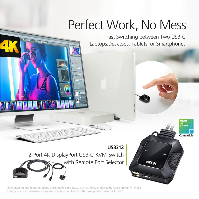 ATEN US3312 2-Port 4K DisplayPort USB-C Cable KVM Switch with Remote Port Selector