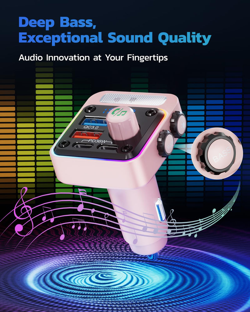 Nulaxy 54W Bluetooth 5.3 Car Adapter with 4 Charging Ports [PD 36W & QC3.0 18W], Wireless Radio FM Transmitter with Deep Bass Player & 5 Colors LED Backlit, Hands-Free Calling - NX16 Pink E-Pink