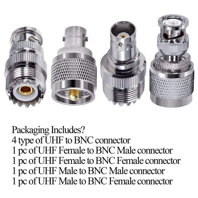 4pcs PL259 SO239 to BNC Adapter Coax Cable Connector, BNC to UHF Adapter Kit Male to Female Cable Gender Changers Coaxial Connector Kit for CB Radio,Radio,Antennas,Extension Coax Cable UHF to BNC Adapter Kit