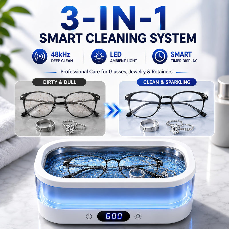 Ultrasonic Jewelry Cleaner Machine, 48kHz Cleaner for Jewelry, Glasses, Rings, Watch Bands, Dentures and Retainers, 350ML SUS304 Tank, Digital Countdown, Auto Shut-Off, 7-Color LED Light White