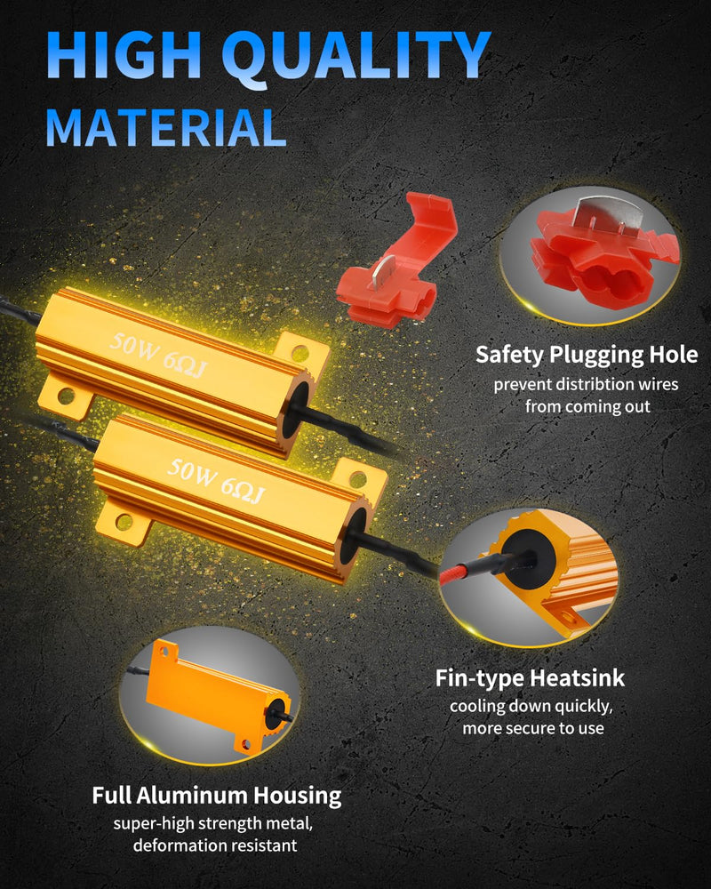 AUXLIGHT 4Pcs Quality 50W 6ohm Load Resistors - Fix LED Bulb Hyper Flash/Error Code, Turn Signal Fast Blinker (Resistors get very hot during working) 4 Pieces Gold