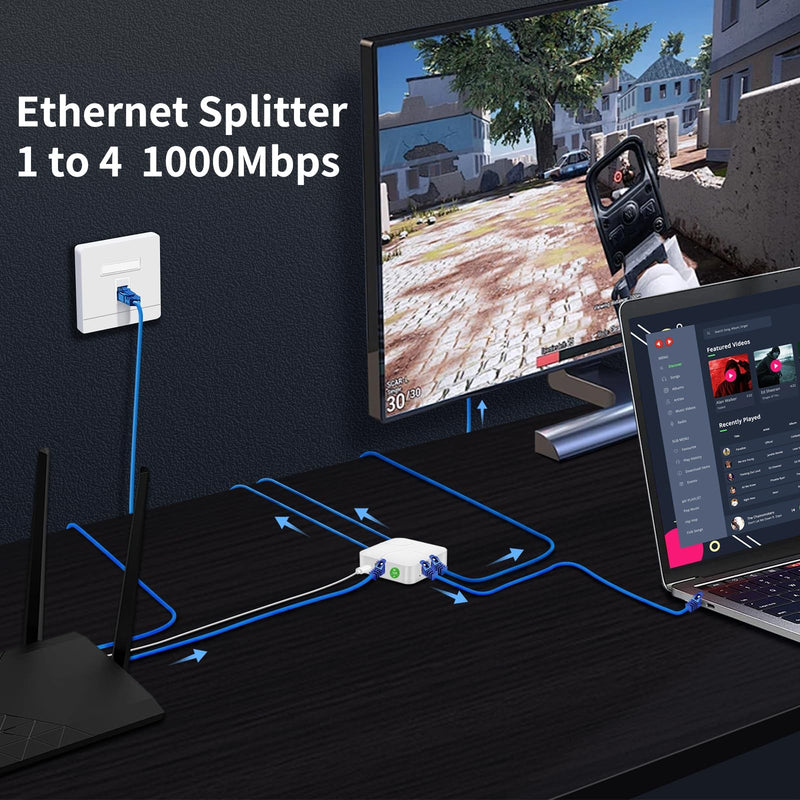 Ethernet Splitter 1 to 4, 1000Mbps High Speed Ethernet Cable Splitter, Network Splitter [4 Devices Simultaneous Networking], Gigabit RJ45 LAN Network Extension for Cat8/7/6/5e/5 Cable
