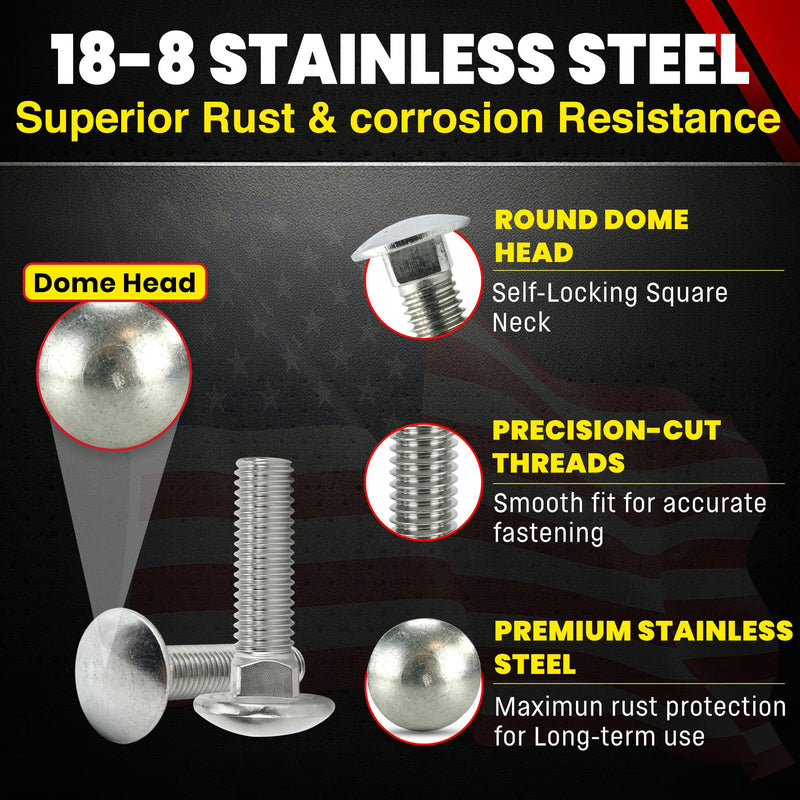 Chenango Supply 3/8-16 x 1-1/4 Inch Stainless Steel Carriage Bolts – 18-8 (300 Series) Stainless, Round Head Square Neck, USS Coarse Thread, Corrosion-Resistant Fasteners (25 Pack, 3/8-16 x 1.25) 3/8-16x1-1/4"(25pcs)