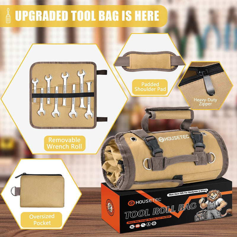Roll Up Tool Bag-Gifts For Men Dad Husbands Him, Father's Day Birthday Gifts For Men, Heavy Duty Tool Organizer Bag With 2 Detachable Pouches &Wrench Roll Mechanic Carpenter (Khaki) Khaki