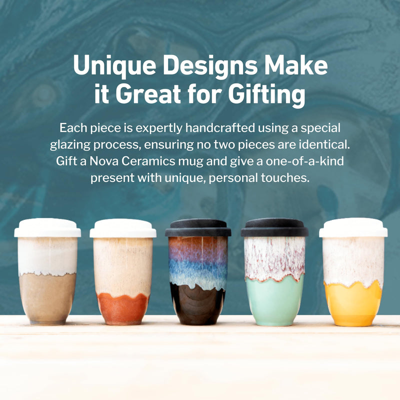 NOVA CERAMICS 12oz Travel Coffee Mug - Unique Microwave & Dishwasher Safe Tumbler With Lid - Gifts For Women & Men Monsoon 12 Ounces