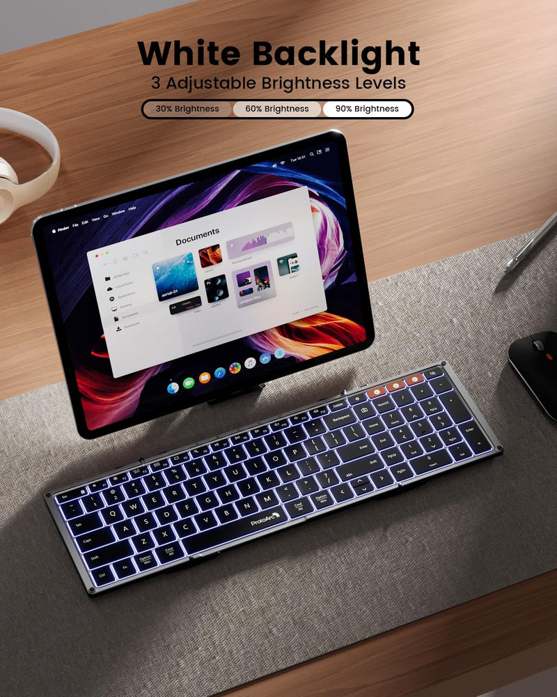 ProtoArc Backlit Foldable Keyboard, XK01 Plus Folding Portable Bluetooth Keyboard for Travel, Full Size External Wireless Keyboard with Backlight for iPad Surface Tablet Smartphone Laptop PC