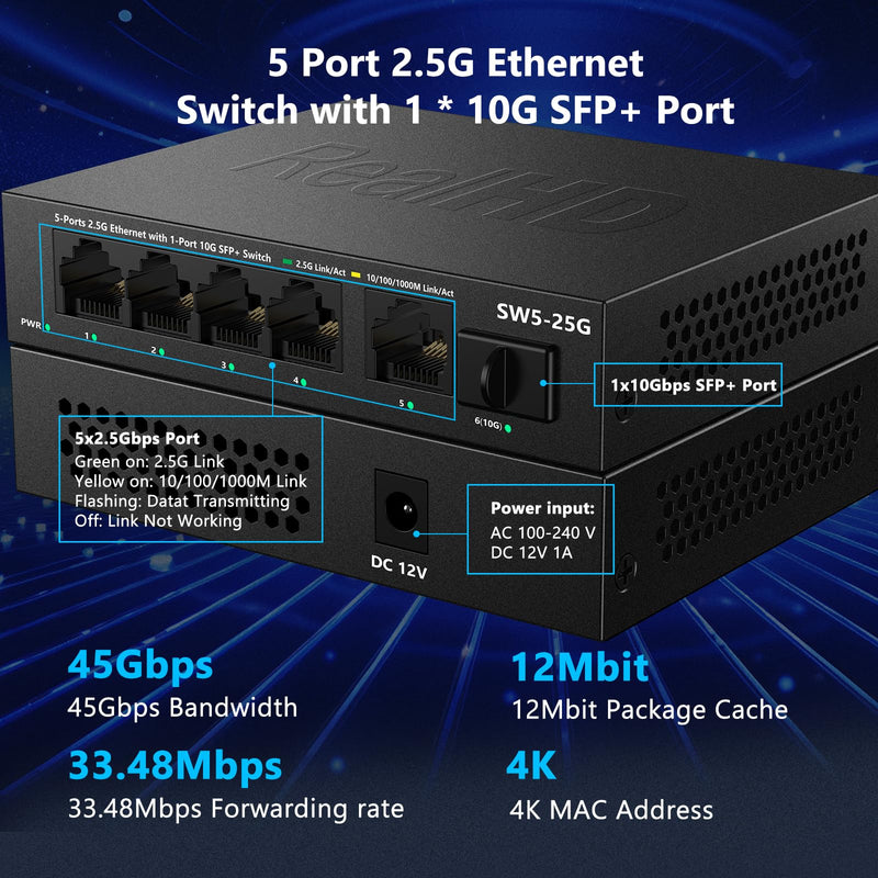 5 Port 2.5GB Ethernet Switch Unmanaged Network Switch | 5 x 2.5 Gigabit | 1 x 10G SFP+ | Multigig Switch 10-100-1000Mbps | 45G Bandwidth | Plug & Play | Fanless Metal Internet Switch 5 Port 2.5GB Switch Unmanaged