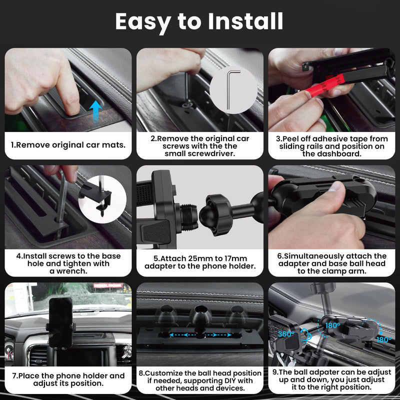 Kaishengyuan Metal Phone Mount for Ram Truck 2013-2018, Dash Mount Cell Phone Holder Compatible with RAM 1500/2500/3500 & 2019+ Classic, Metal Ball Adapter Phone Stand Arm Fit for Most Smartphones Universal Mount
