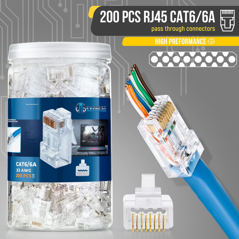 Everest Media Solutions RJ45 Cat6/6a Pass Through Connectors for a Thick 23 AWG Large Diameter UTP Network Cable, 200 Pcs | Insert Guides Included Quantity 200