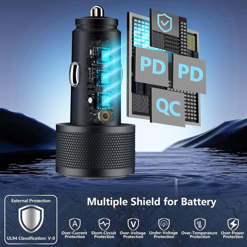 【MFi Certified】iPhone 15 Fast Car Charger, KYOHAYA 3-Port 67W PD/QC Car Power Adapter USB-C Fast Charging Cigarette Lighter with Type-C Braided Cable for iPhone 15 Pro/15 Pro Max/Galaxy/Pixel/iPad Pro Carbon Fiber Black