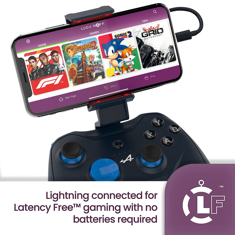 Mfi Certified Gamepad Controller for iOS iPhone – Licensed Alpine F1 Edition - Wired with L3 + R3 Buttons, Power Pass Through Charging, 8 Way D-Pad, and redesigned ZeroG Mobile Device