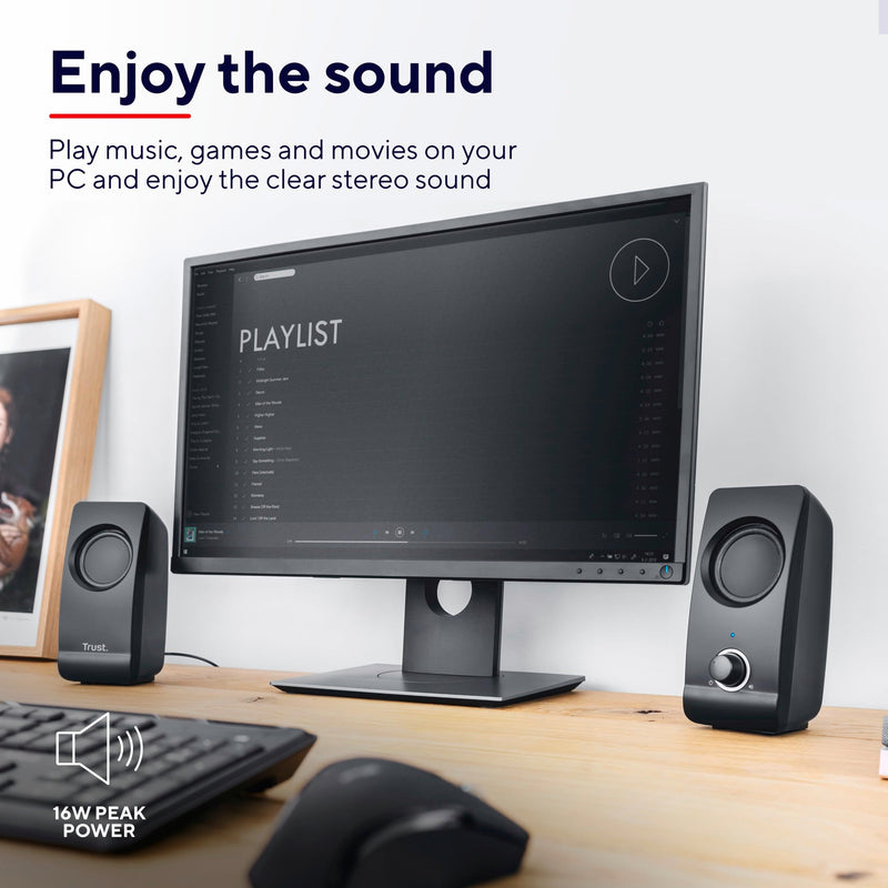 Trust Remo 2.0 PC Speakers, 16W (8W RMS), USB Powered, Jack 3.5mm, Stereo Speaker Set with Volume Control, Compact Sound System for Computer and Laptop - Black Remo 16 W