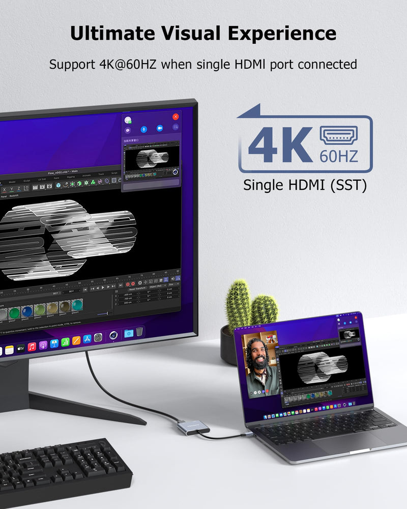 Dual HDMI Adapter for 2 Monitors Extended Display 1 in 2 Out, USB C to HDMI Splitter for Laptop MacBook Pro/Air, Support 4K@30Hz Double Monitors or 4K@60Hz Single Monitor