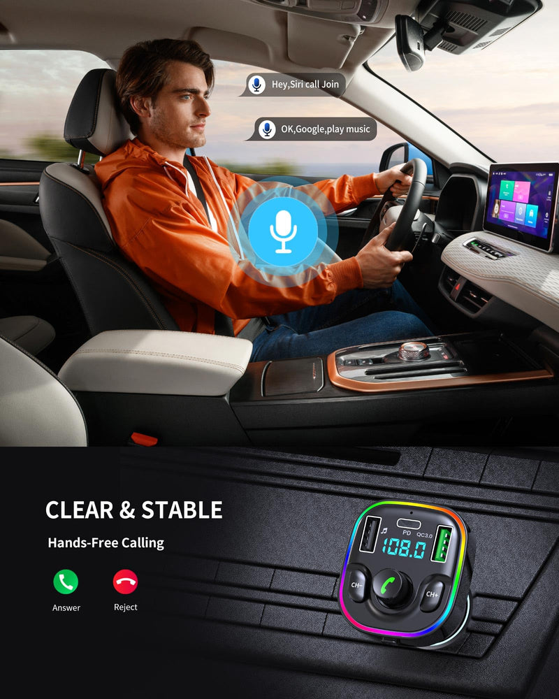 Bluetooth 5.3 FM Transmitter Car Adapter - FM Transmitter Bluetooth with Fast Charger [PD 30W & QC3.0 18W]，Hi-Fi Audio & Clear Calls, 7 Colors LED Backlit