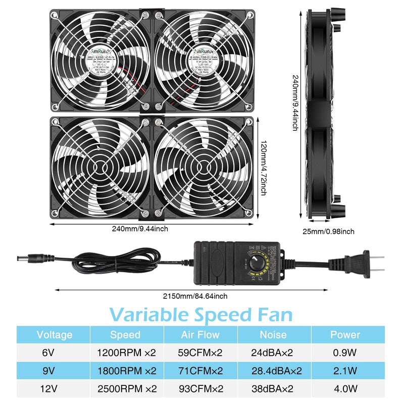 2X 120mm 240mm Computer Fan with AC Plug Big Airflow Adjustable Speed 110V 220V 240V Dual Ball Bearing Powerful Fans, for RV Fridge Workstation Cabinet PlayStation Server Cooling and Exhaust 120x25mm x2
