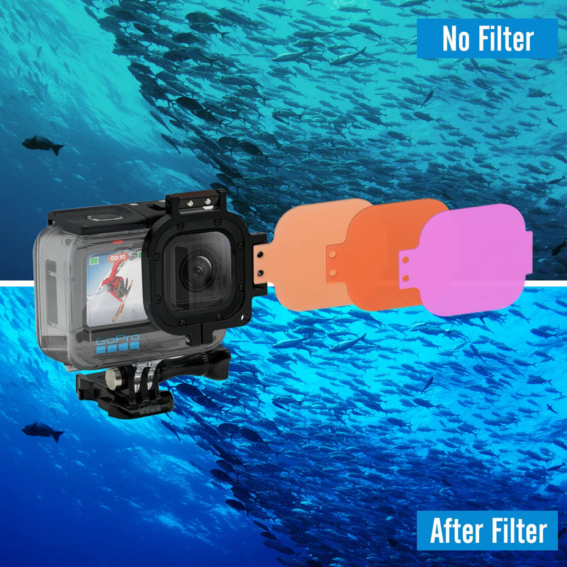 3 Pack Dive Filter Lens for Gopro Hero 8/9/10/11/12 Official Underwater Diving Waterproof Housing Protective Shell Red, Light Red, Magenta