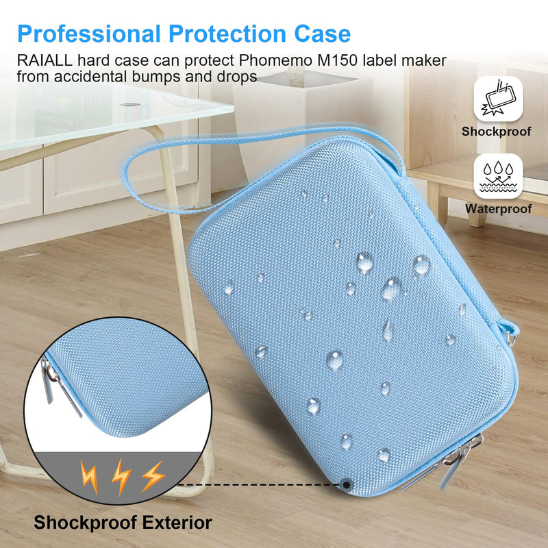 RAIALL Carrying Case for Phomemo M150 Label Maker Machine, Hard Storage Box for M150 Bluetooth Sticker Printer, Travel Bag with Mesh Pocket fits Printer Labels and USB Cable, Blue