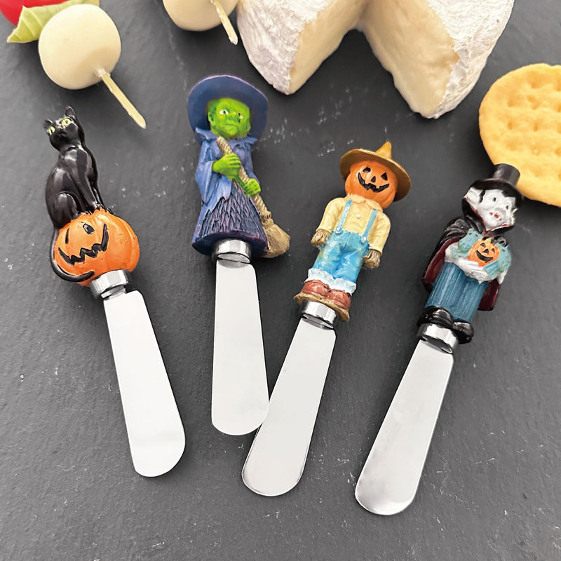 Supreme Housewares Spooky Cheese Spreaders, Hand-Painted Resin Handles with Stainless Steel Blades for Spreading Cream Cheese, Butter, and Jam, Assorted Halloween Designs, Set of 4