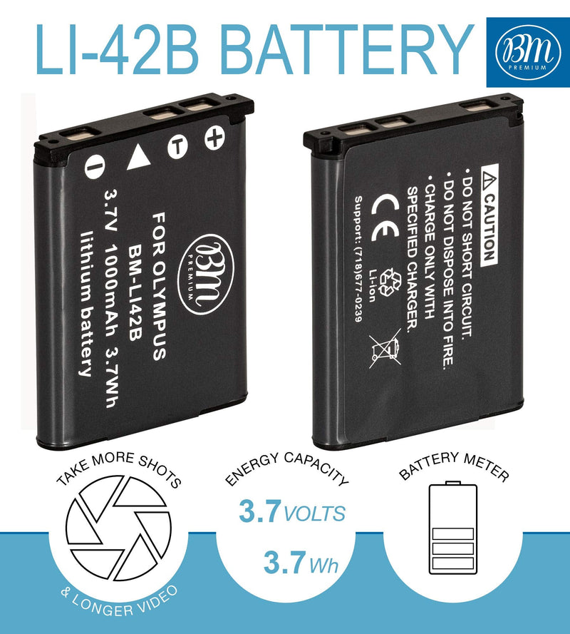BM Premium LI-42B Battery and Battery Charger for Olympus Stylus 1040, 1050W, 1060, 1070, 1200, 7000, 7010, 7020, 7030, 7040, Tough 3000, TG-310, TG-320, VR310, VR320, VR330 Digital Camera