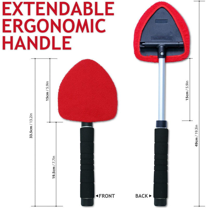 TAKAVU Windshield Window Cleaner Tool, Extendable Long-Reach Handle, Unique Pivoting Triangular Head, 3 Washable Reusable Microfiber Bonnets, Car & Home Inside Interior Exterior Use - Lint Free (Red) Black & Red