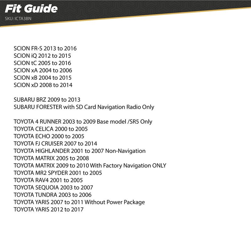 SCOSCHE Install Centric ICTA3BN Compatible with Select Toyota/Scion 2000-17 Double DIN Complete Basic Installation Solution for Installing an Aftermarket Stereo,Black Complete Installation Kit