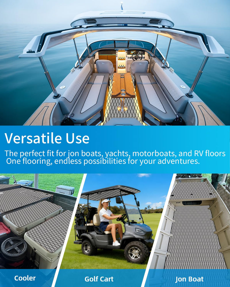 OCEANBROAD Diamond Boat Flooring with Self-Adhesive 96''x16''/38''/47'' | Double-layer, Non-Slip, 6 mm Eva Foam Marine Decking, Easy to Install, For Motor Pontoon Boats, RV Floor, Kayak, Surfboard Gray with Black Lines 96''L x 16''W-10.67sqft