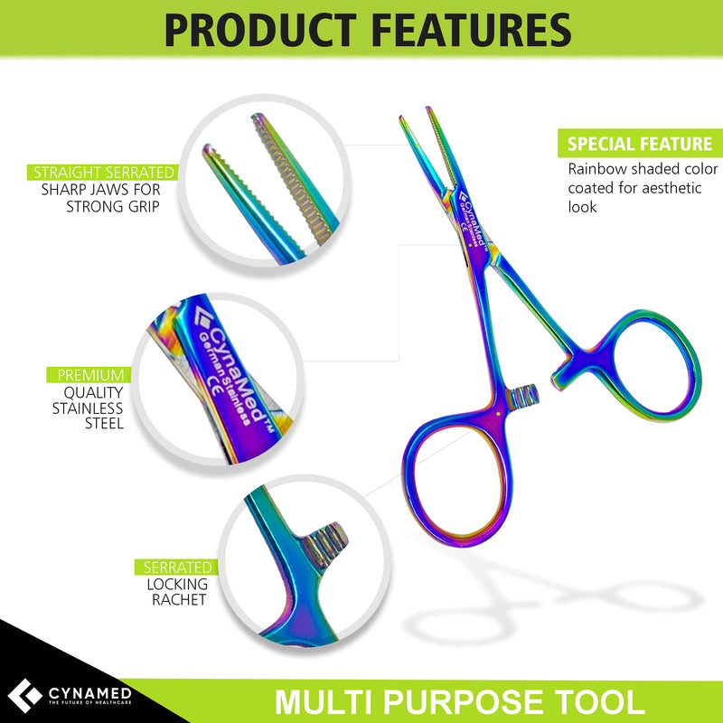 Cynamed Mosquito Hemostatic Forceps with Multicolor/Rainbow Titanium Coating - Premium Quality - Hemostat Clamping Pliers with Serrated Jaws - 3.5 in. (Straight) Straight
