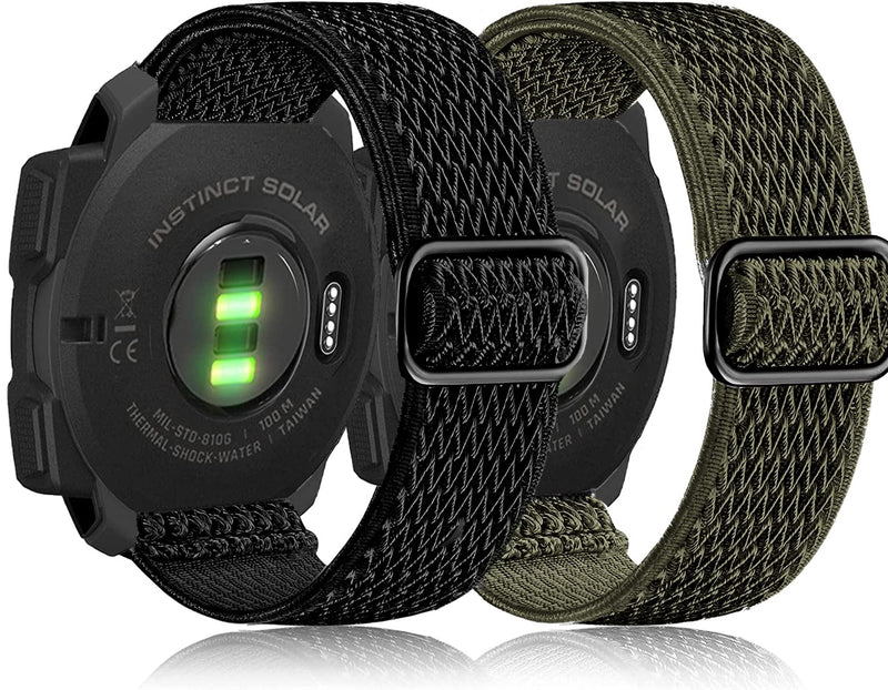 Olytop Elastic Watch Bands for Garmin Instinct/2 Solar, 22mm Soft Stretchy Nylon Ultra-Light Wristband Replacement Strap Men Women for Garmin Instinct Tactical/Esports/Solar/Tide Smartwatch Wave Black+Green