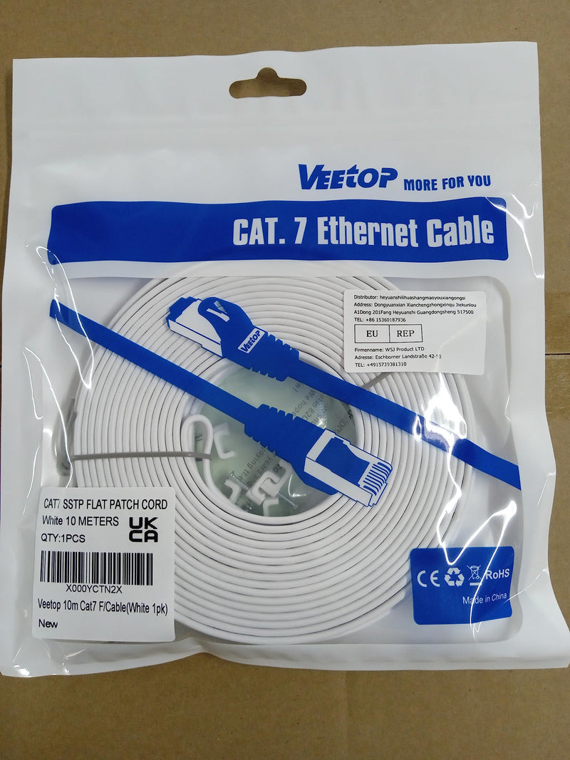 Veetop 10m Lan Cable Network Cable Cat 7 Ethernet Cable with Gold-Plated RJ45 Connector Flat and Thin with 10 Gbps Transfer Rate 10 Meters White White