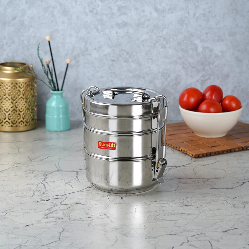 Sumeet Stainless Steel 3 Compartment Lunch Box/Tiffin with Lid and Handle, 11.5Cm Dia, (1500ML, Silver) | Stackable, Traditional Tiffin Container / Dabba with Handle for Office, 11.5Cm Diameter 1500ml 3 Tier