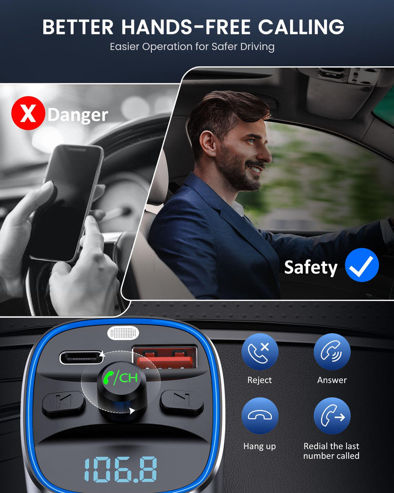 LENCENT Bluetooth 5.4 FM Transmitter Car Adapter 48W [PD 30W & 18W] [7 Color Light] [Fast Charging] Wireless Radio Music Adapter Hands-Free Calling, Support USB Drive & TF Card Colorful-48W