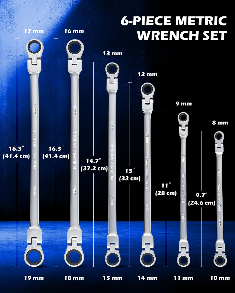 Orion Motor Tech 6-Piece Ratcheting Wrench Set, Metric 8-19 mm Flex Head Ratcheting Wrench Set, Extra Long Ratchet Wrench Set with 72 Tooth Gear & Double Box End