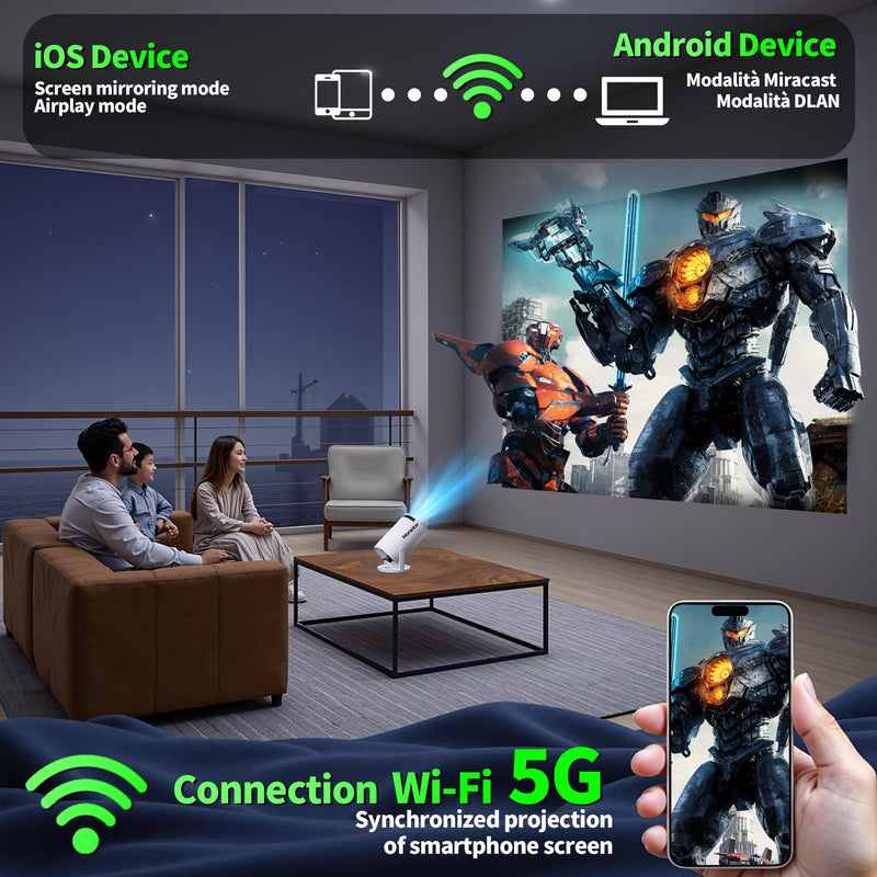 【Built-in Apps】Mini Projector 1080P, 4K Projector Full HD with WIFI 6 and Bluetooth 5.2, Support 270° Rotatable Portable Projector with Auto Keystone Correction,Compatible with Phone/HDMI/USB-White Whtie-Snow