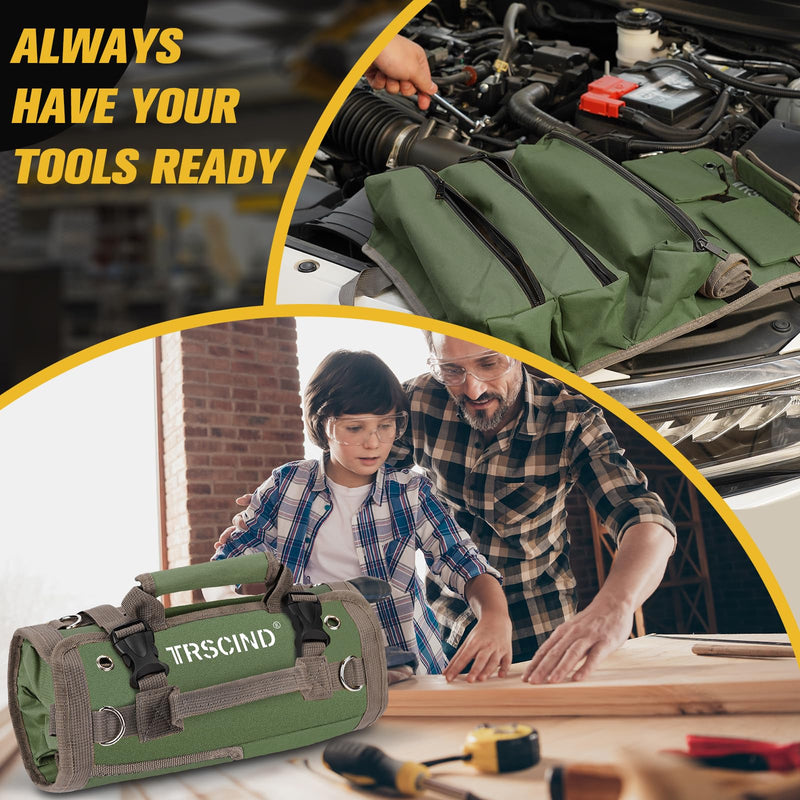 Tool Bag, Roll Up Bag, Tool Organizer with Detachable Pouches and Wrench Roll, Heavy Duty Tool Pouch, Gifts for Men Dad Fathers Day, Portable Tool Box for Motorcycle, Car, Electrician, Mechanic（Green） ARMY GREEN