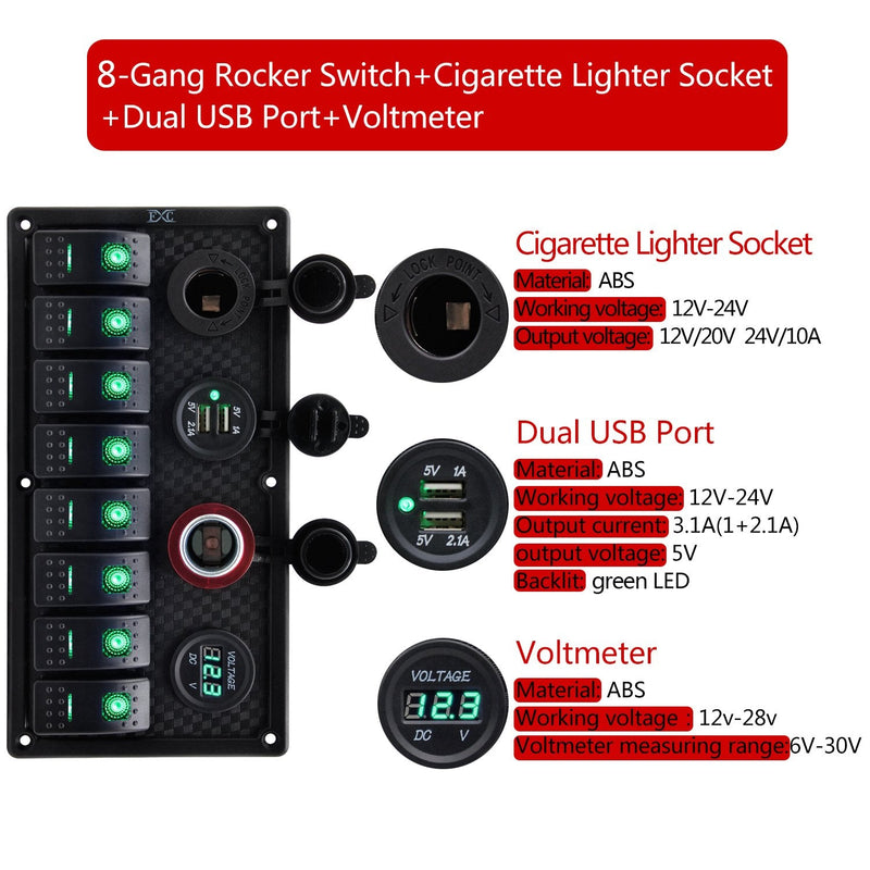 FXC Waterproof Marine Boat Rocker Switch Panel 8 Gang with Dual USB Slot Socket + Cigarette Lighter and Adapter + Digital Voltage Display LED Light for Car Rv Vehicles Truck (8 Gang Green Light)