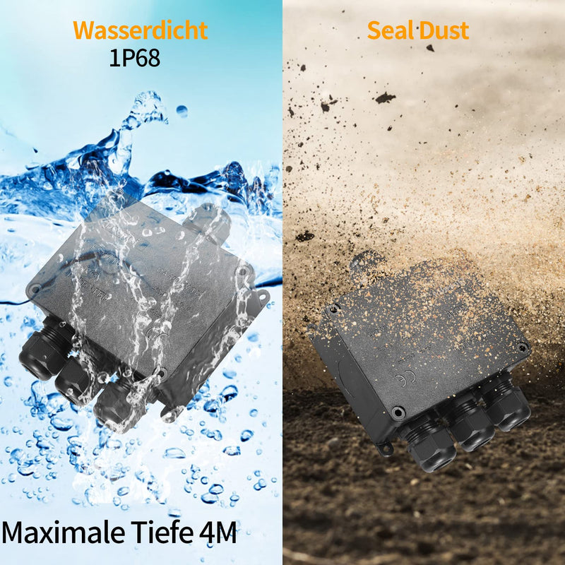 IP68 waterproof junction box, 4-way outdoor cable connector junction box, black extension cable junction box cable connector for cables 4-12 mm outdoor waterproof