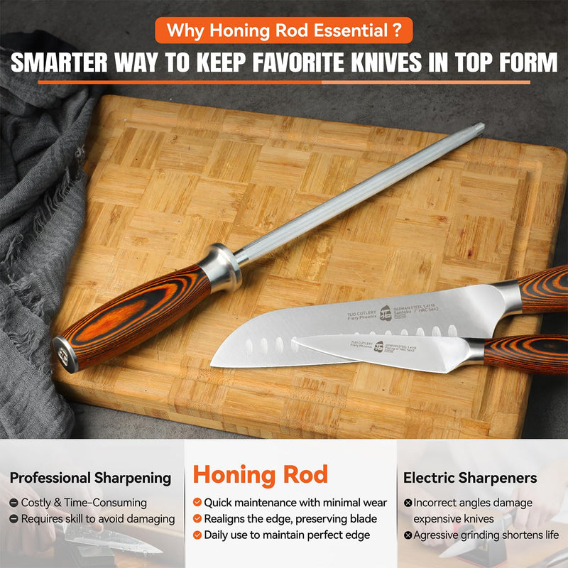 TUO Honing Steel, Sharpener Rod with Thicker Steel Core for Kitchen Knives Daily Sharpening Maintenance, High Carbon Steel, Ergonomic Handle, 8 inch 8"